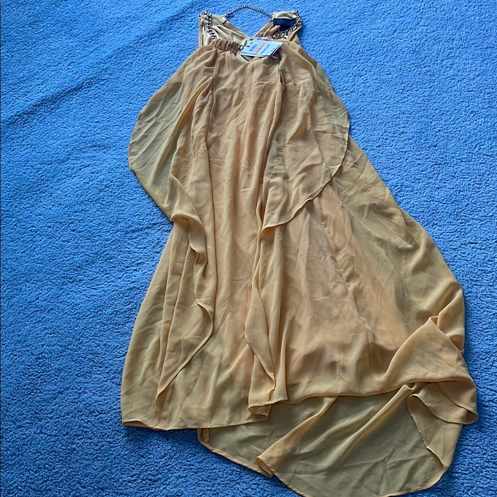 Thalia Sodi Gold Asymmetrical Tie Front Halter Dress